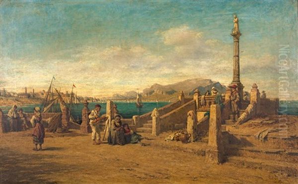 Mediterranean Harbour Oil Painting by Carl Bernhard Schloesser