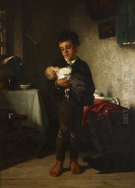 His Baby Sister Oil Painting by Carl Bernhard Schloesser