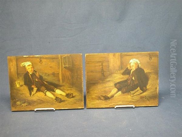 Young Boy In A Barn Smoking A Pipe Oil Painting by Carl Bernhard Schloesser