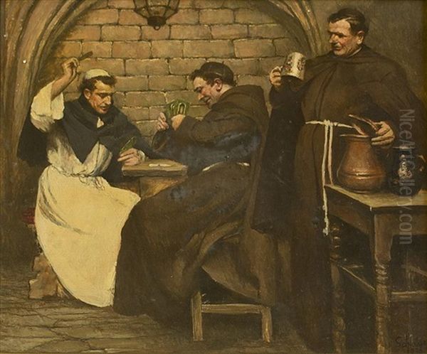 Monks Playing Cards Oil Painting by Robert Schlosser