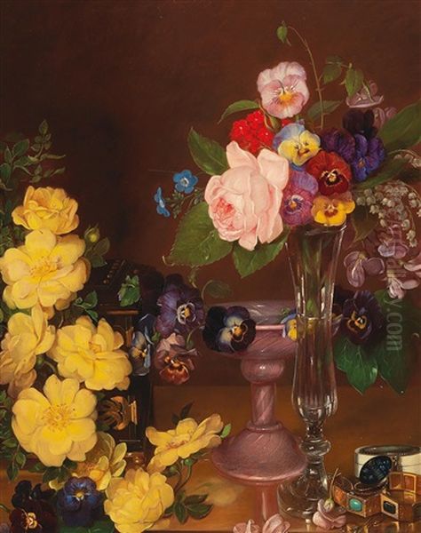 Still Life With Pansies And Roses Oil Painting by Emilie Schmaeck-Stregen