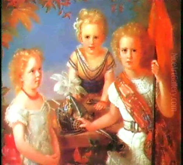 A Portrait Of Mimi, Martha And Eugenie Pfinsner Oil Painting by Emilie Schmaeck-Stregen