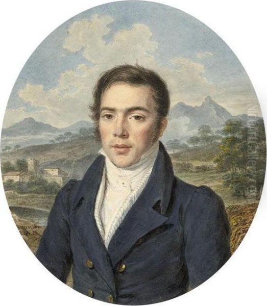 Portrait Ofa Young Man In A Blue Coat Before An Italian Landscape Oil Painting by Pierre Louis Bouvier