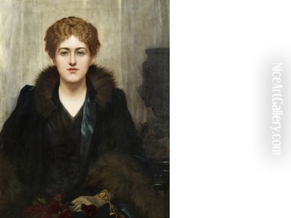 Portrait Of Julia Margaret (nee Wilson), Seated Half-length, In A Black Dress With Fur-trim Oil Painting by Herbert Gustave Schmalz