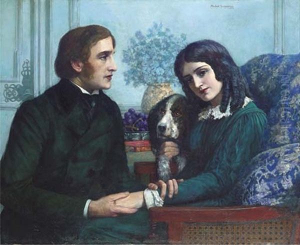 Robert Browning Visits Elizabeth Barret At 50 Wimpole Street Oil Painting by Herbert Gustave Schmalz