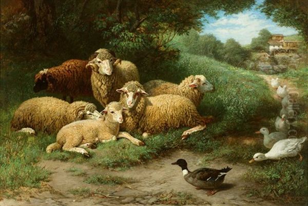 Das Reizende Tierstilleben Zeigt Schafe Und Enten Auf Einer Waldlichtung, Die Den Blick Freigibt Auf Eine Wassermuhle Im Hintergrund Oil Painting by Friedrich Ferdinand Schmalzigaug