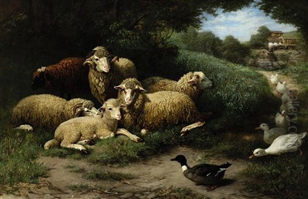 Schafe Und Entenschar Am Waldrand, Im Hintergrund Eine Muhle Am Bach Oil Painting by Friedrich Ferdinand Schmalzigaug