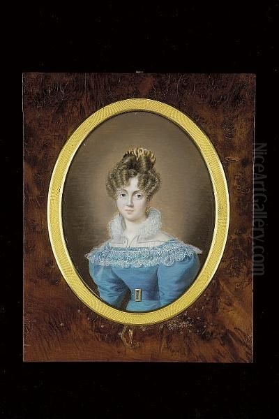 A Lady, Wearing A Blue Dress, The Matching Belt With Large Brass Buckle, White Lace Collar With High Ruff Neck, Gold Earrings, A Tortoiseshell Comb In Her Upswept Brown Hair Oil Painting by Pierre Louis Bouvier