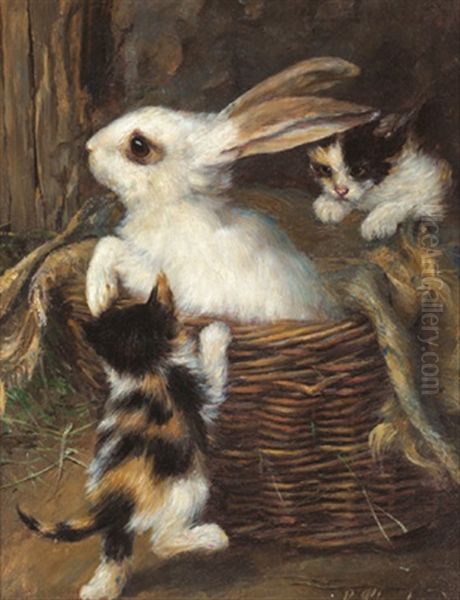 Zwei Katzchen Und Ein Kaninchen Oil Painting by Paul Schmalzried