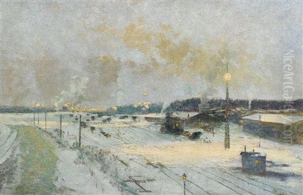 Railway Station In Winter Oil Painting by Peter Schmauss