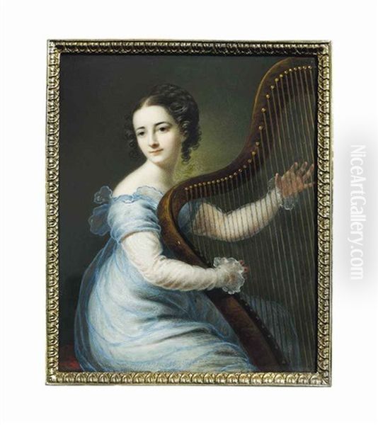 Dorette Spohr, Nee Scheidler (1787-1834), Playing The Harp, Seated On A Red-upholstered Stool, Wearing A Blue Gauze Dress With White Underdress Oil Painting by Carl Gottlob Schmeidler