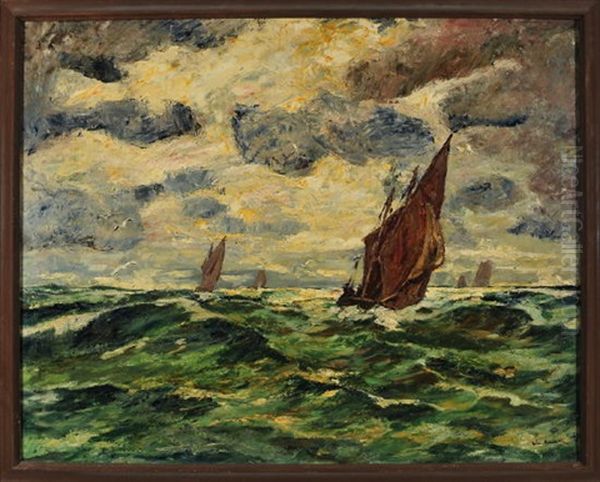 Segelboote Auf Sturmischer See (+ Segelboot Im Sturm Mit Sonnenaufgang (study), Verso) Oil Painting by Wilhelm Schmetz