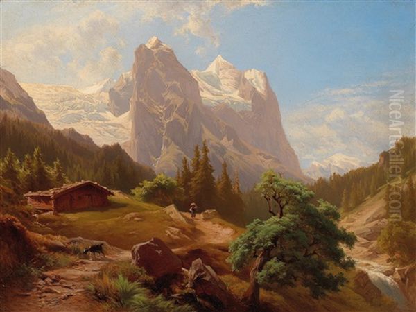 Path To Rosenhain With The Wetterhorn Oil Painting by Carl Schmid