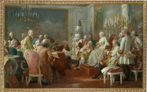 Kaiserin Maria Theresia Mit Kaiser Franz Stephan Und Dem Jungen Joseph Ii. Im Kreise Ihrer Berater by Julius Schmid