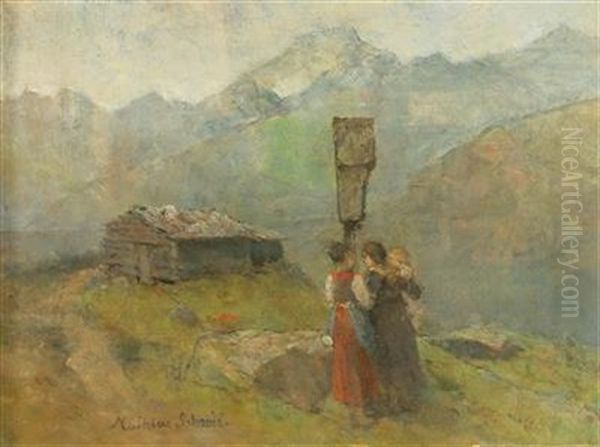 Three Women At The Wayside Shrine In The High Mountains Oil Painting by Mathias Schmid