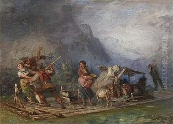 Personen Auf Einem Flos Bei Aufziehendem Unwetter Oil Painting by Mathias Schmid