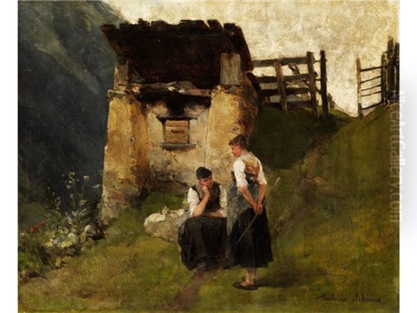 Bauernmadchen In Den Alpen An Einem Kohlerofen Oil Painting by Mathias Schmid