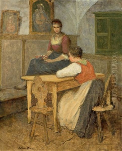 Zwei Madchen In Der Stube Oil Painting by Mathias Schmid