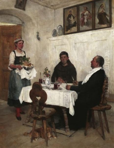 Vesperzeit. Ein Dirndl Serviert Geistlichen Das Mittagsmahl Oil Painting by Mathias Schmid