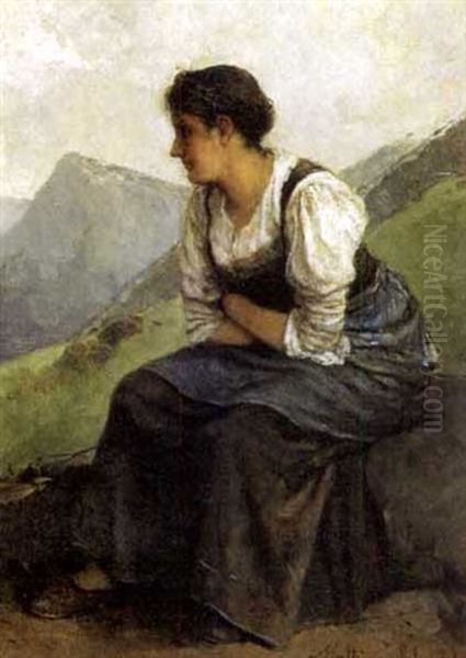 A Woman In A Mountainous Landscape Oil Painting by Mathias Schmid