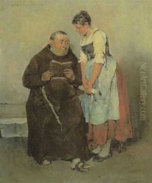 Die Katechismusfrage Stellt Ein Behabiger Franziskanermonch Dem Neben Ihm Stehenden Dirndl Oil Painting by Mathias Schmid