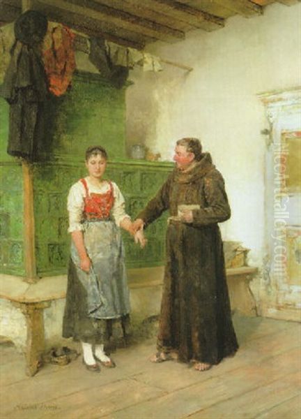 Ein Franziskanermonch Ermahnt Ein Junges Dirndl Zur Sittsamkeit Oil Painting by Mathias Schmid