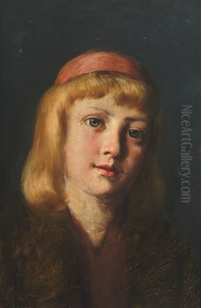 Portrait Eines Blonden Madchens Mit Roter Haube Oil Painting by Franz Xaver Schmid-Breitenbach