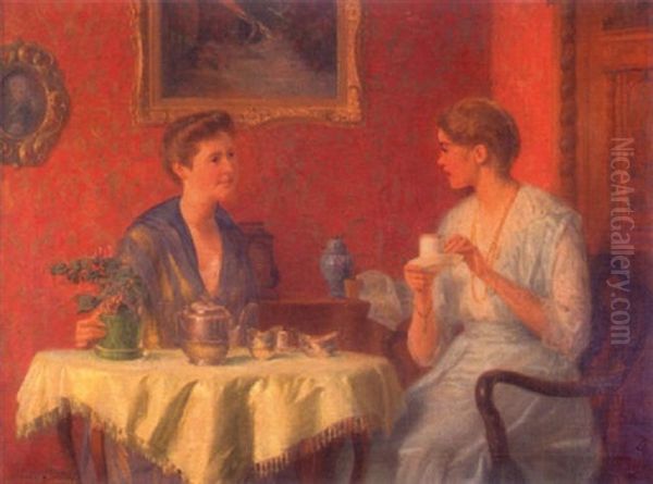 Tea Time Oil Painting by Franz Xaver Schmid-Breitenbach