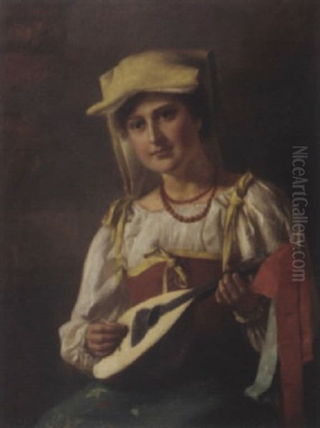 A Lady In Sicilian Costume Playing The Lute Oil Painting by Franz Xaver Schmid-Breitenbach