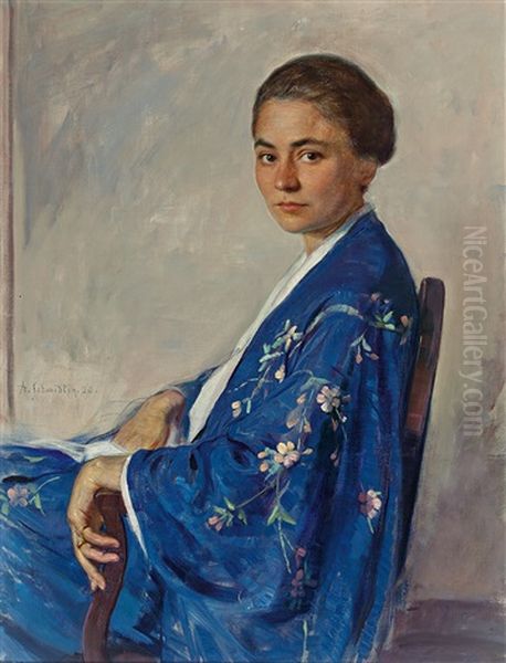 Portrait Einer Jungen Frau In Besticktem Kimono, Meisterlich Und Ausdrucksvoll Charakterisiert Oil Painting by Adolf Schmidlin