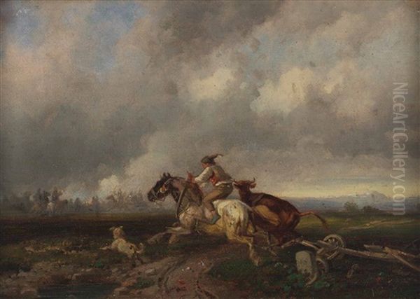 In Die Schlacht Galoppierender Reiter, Daneben Eine Kuh Und Ein Hund Oil Painting by Adolf Schmidt