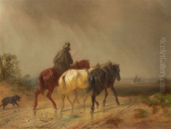 Farmers Returning Home In The Rain Oil Painting by Adolf Schmidt