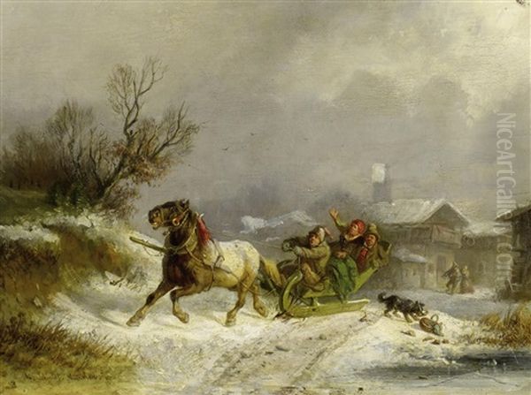 Winterliche Schlittenfahrt Oil Painting by Adolf Schmidt