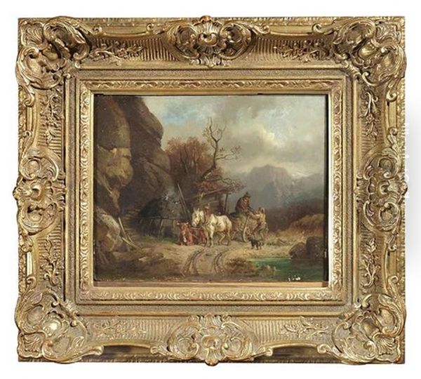 In Einer Gebirgslandschaft Beladen Zwei Bauern Einen Pferdewagen Oil Painting by Adolf Schmidt