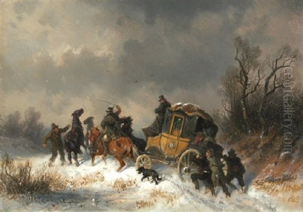 Die Reisepanne: Kutsche Im Schnee Oil Painting by Adolf Schmidt