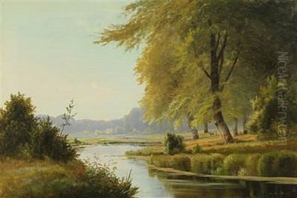 Landscape With Deer At A Forest Lake Oil Painting by Alexander Schmidt