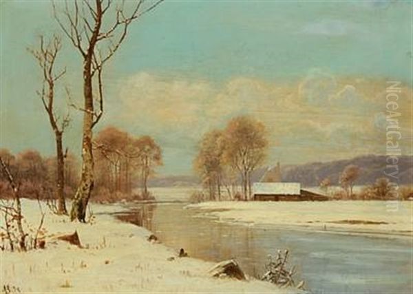 Wintry Landscape With A House At A Bank Oil Painting by Alexander Schmidt