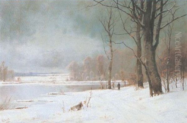 Verschneite Fluslandschaft Mit Wanderer Oil Painting by Alexander Schmidt