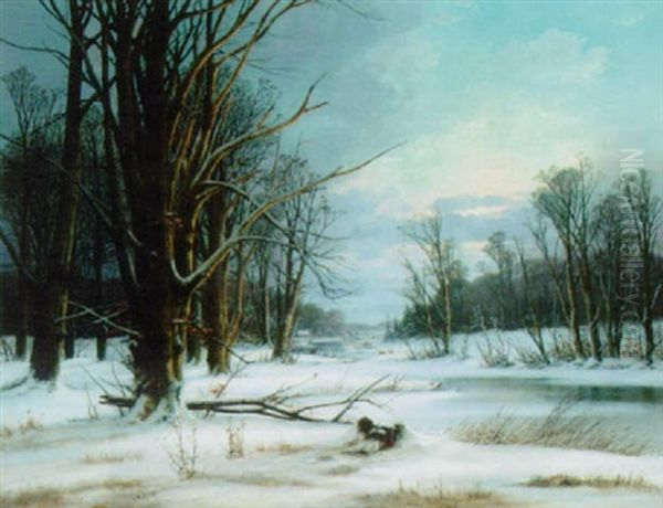 A Frozen Winter Landscape Oil Painting by Alexander Schmidt