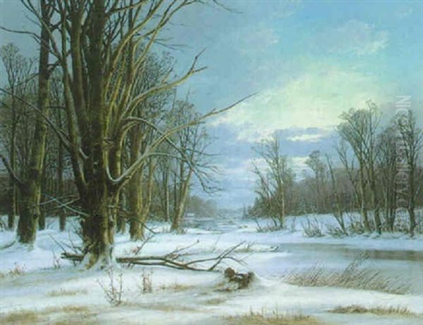 Winterlandschaft Mit Wald Und Bachlauf Im Schnee Oil Painting by Alexander Schmidt