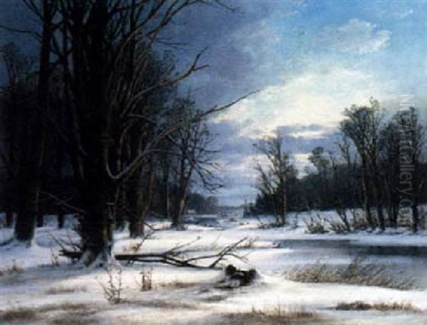 Deers Crossing A Frozen River Oil Painting by Alexander Schmidt