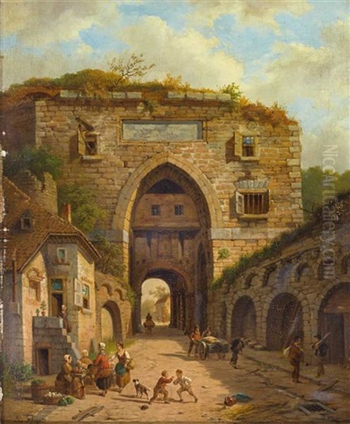 Mittelalterliche Hauserzeile Mit Torturm Und Figurenstaffage Auf Der Strase Oil Painting by Bernhard Schmidt