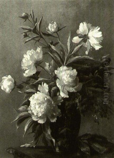 Still Life With Peonies On A Table by E. Trier Schmidt