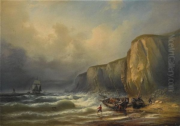 Fischerboote Bei Sturm Vor Felsiger Kuste Oil Painting by Eduard Schmidt