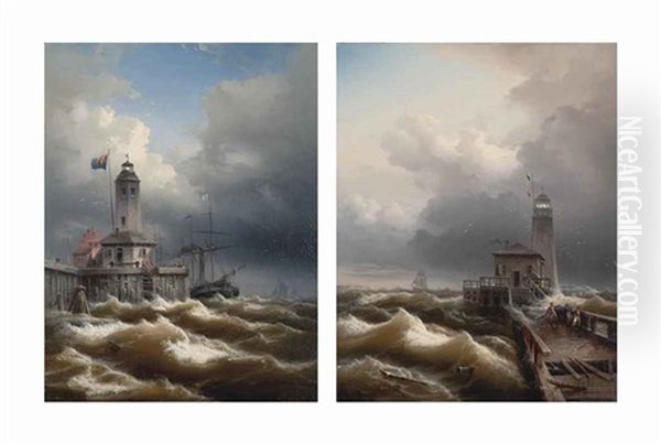 A Steamer Rounding A Swedish Lighthouse (+ Making Repairs In A Storm At A Dutch Lighthouse; Pair) Oil Painting by Eduard Schmidt