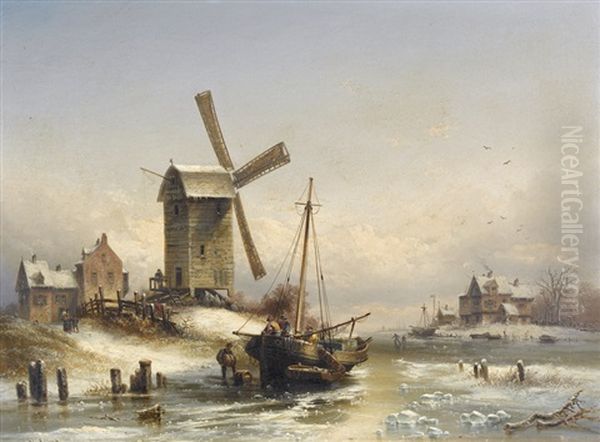 Hollandische Flusspartie Im Winter Mit Windmuhle by Eduard Schmidt