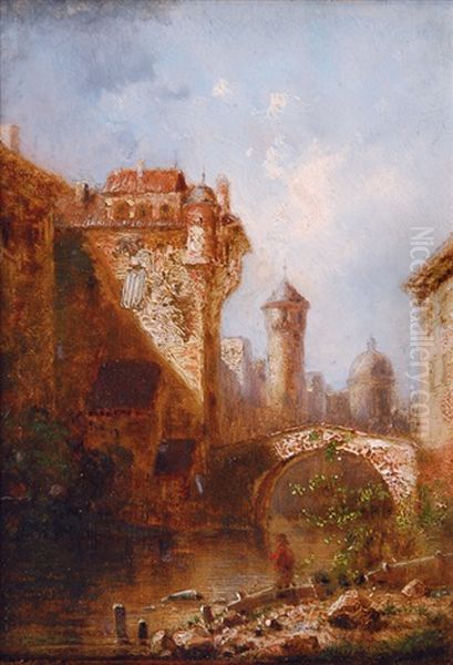 Old Town With A Bridge Oil Painting by Edward Allen Schmidt