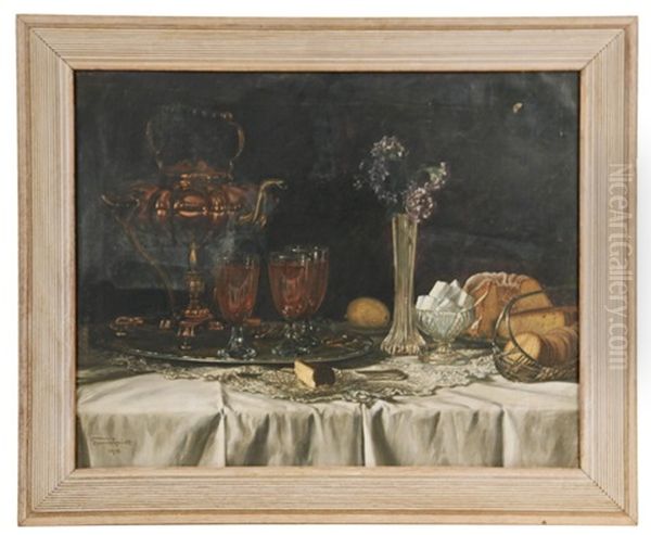 Still Life With Copper Toddy Warmer And Three Glasses On Tray Oil Painting by Franz Schmidt