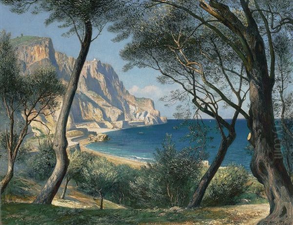 Blick Nach Dem Cap Von Noli Zwischen Olivenbaumen, Westliche Riviera Oil Painting by Friedrich Albert Schmidt