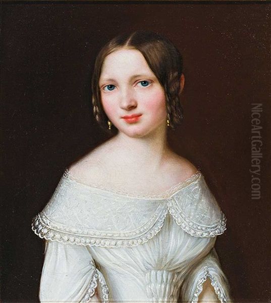 Schwester Ida. Portrait Eines Reizenden Madchens Im Weisen Kleid Mit Spitzenbesatz. Meisterlicher Ausdruck Oil Painting by Friedrich August Schmidt